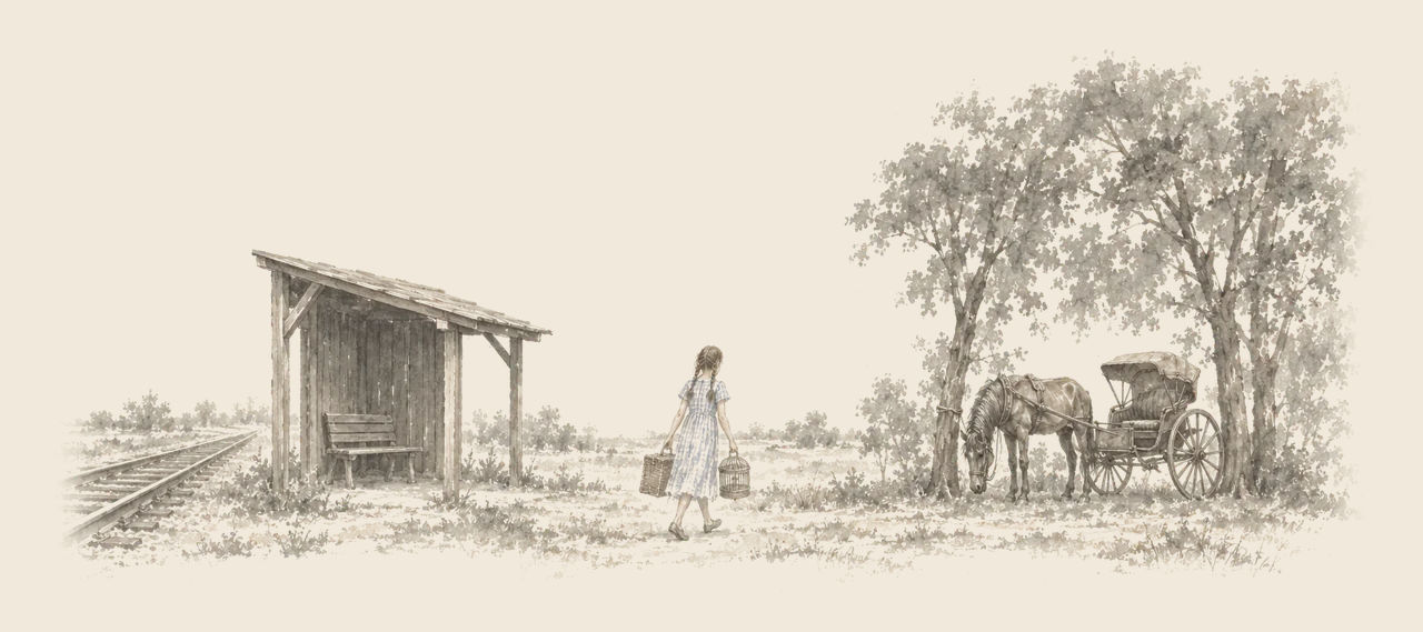 Dorothy walks toward Jim, the bony horse, who grazes under trees beside the buggy, carrying a suitcase and a birdcage past a wooden shed and a railway track.