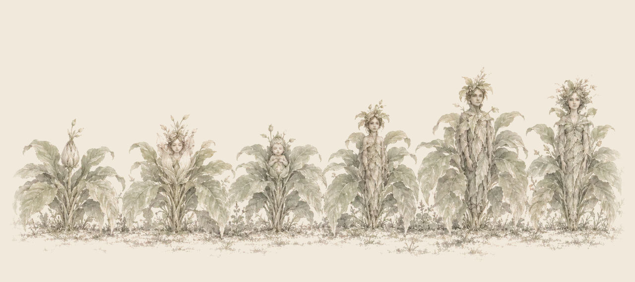 A row of six leafy plants, each with a Mangaboo growing from its centre, from a bud and a blossom to a baby, a child, and a grown man and woman.