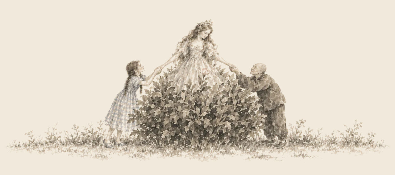 Dorothy and the Wizard lean over a large bush, each holding a hand of the Princess who rises from its middle in a long gown.
