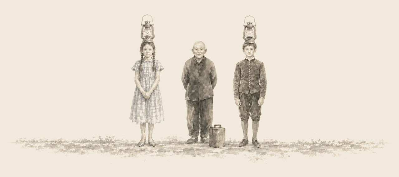 Dorothy, the Wizard and Zeb stand in a row; the children each carry an unlit lantern on their head, and a can of oil sits by the Wizard's feet.