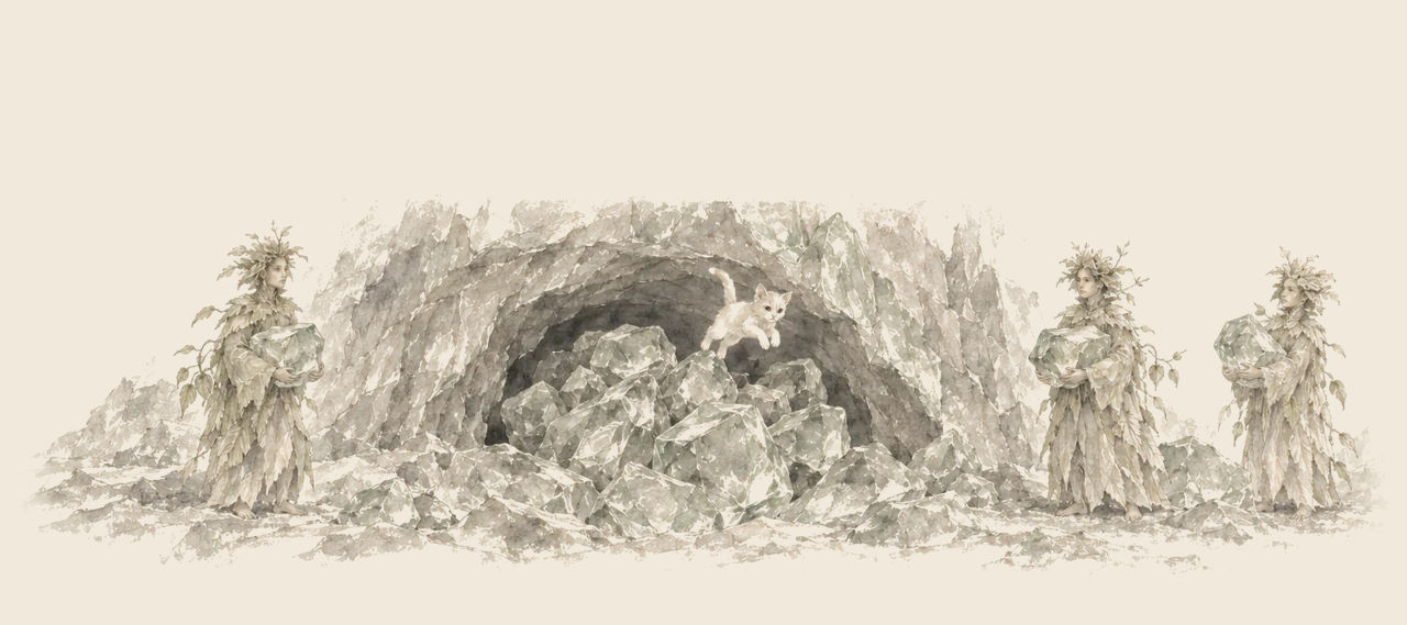 Eureka leaps out over a pile of glass rocks that fills the mouth of a cave, while three leaf-robed Mangaboos stand by carrying more rocks.