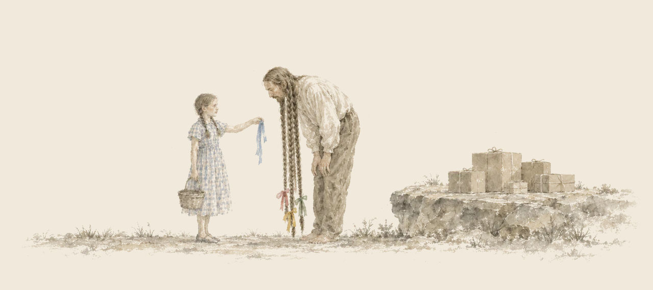 Dorothy holds out a blue ribbon to the Braided Man, who bends low with his long braids hanging to his feet; wrapped parcels sit on a rock shelf beside them.