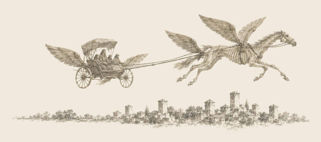 Jim flies through the air with wooden wings fixed to his harness, drawing the buggy, which has wings too, over a town of towers far below.