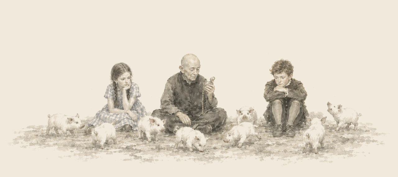 The Wizard sits cross-legged on the ground looking at his watch, with Dorothy and Zeb sitting thoughtful on either side and nine tiny piglets around them.