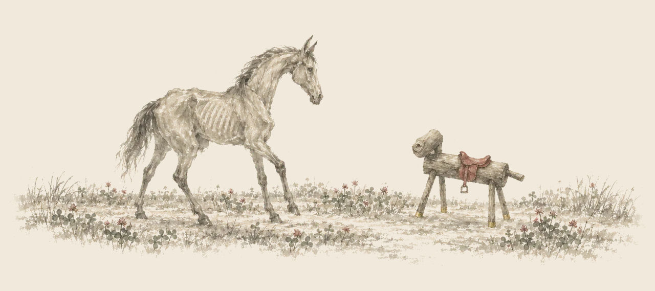 Jim, the thin old cab-horse, and the small wooden Sawhorse with a red saddle face each other on a path through clover.