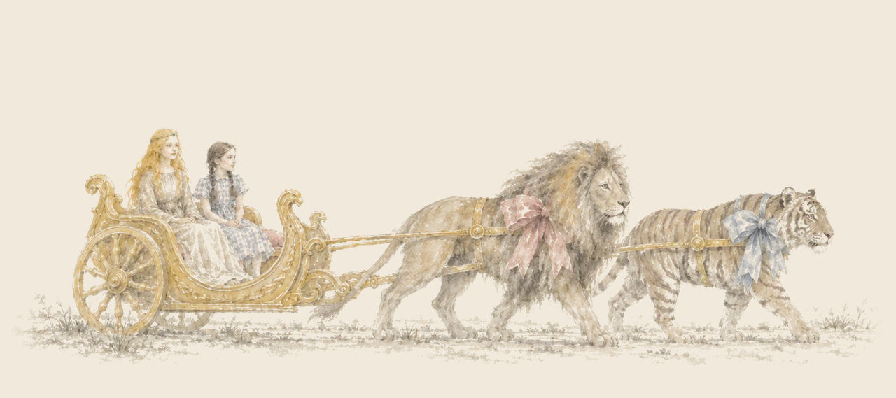 Ozma and Dorothy ride side by side in a golden chariot drawn by the Cowardly Lion and the Hungry Tiger, each wearing a large bow.