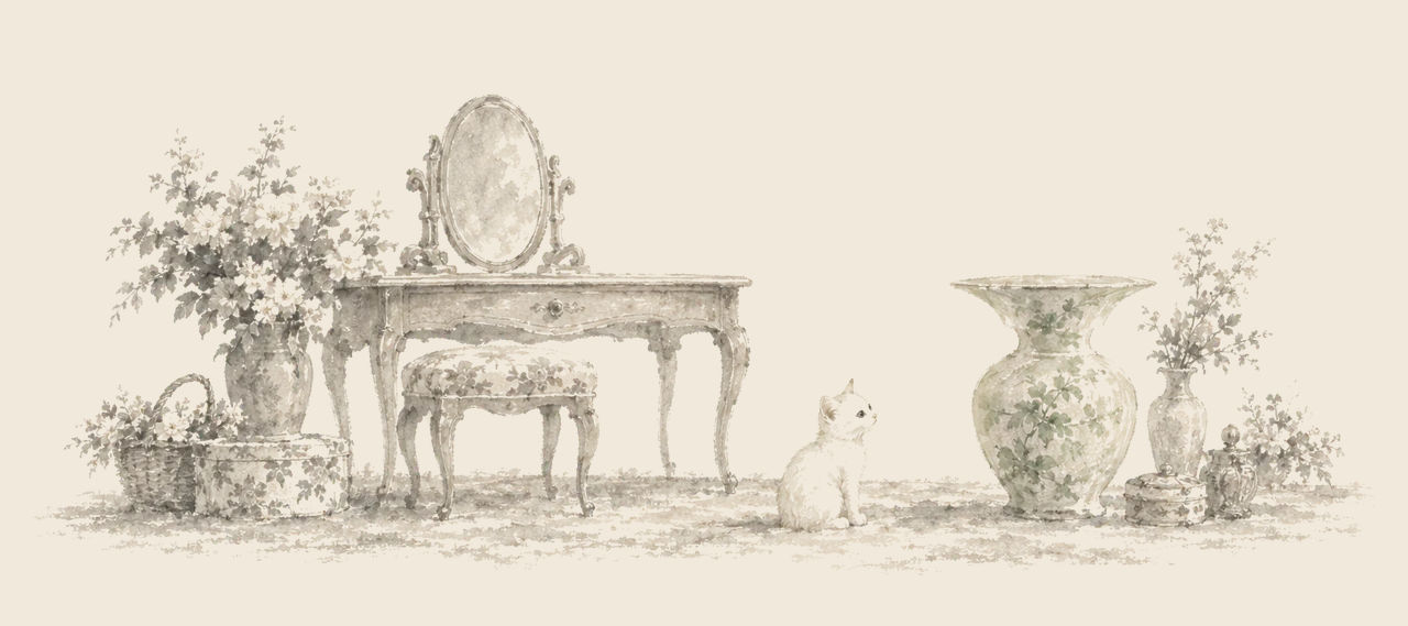Eureka sits on a bedroom floor looking at a big vase with a small neck, near a dressing-table, a stool and vases of flowers.