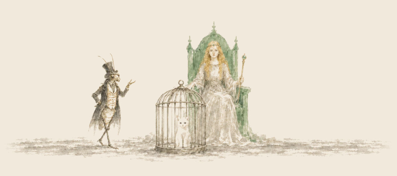 Eureka sits in a cage before Ozma, who holds a sceptre on a green throne, while the Woggle-Bug in a top hat and coat addresses the court.