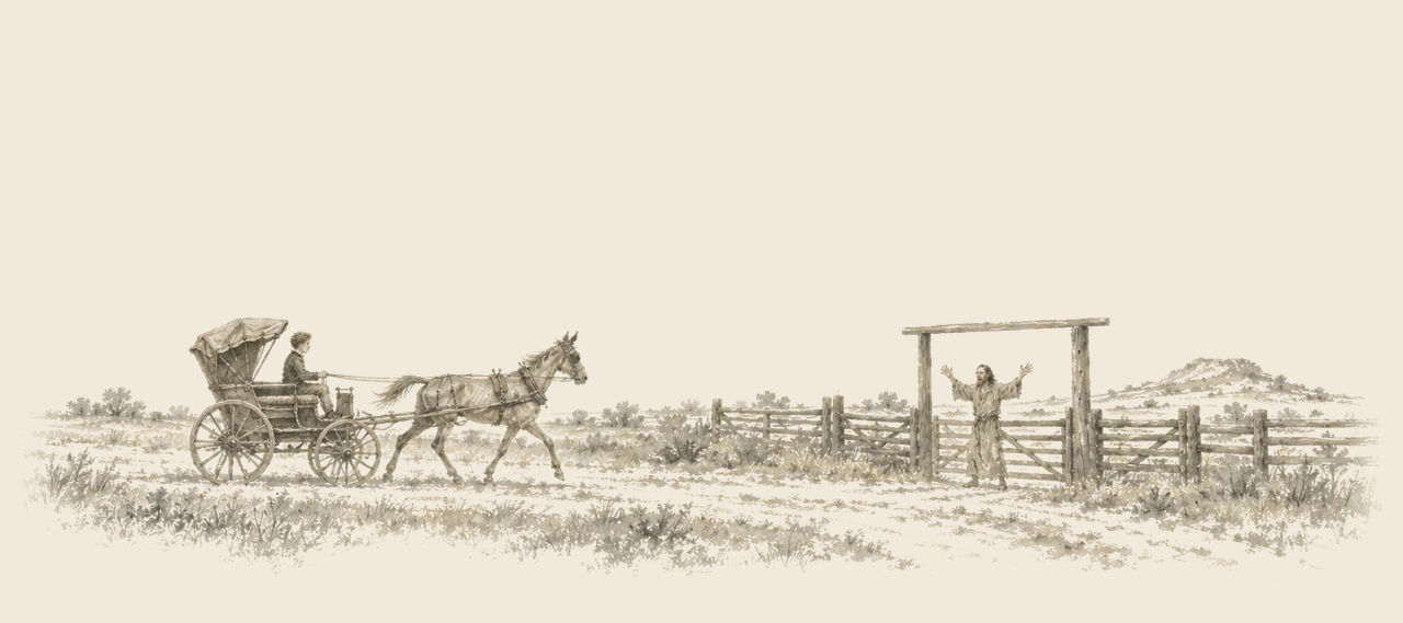 Zeb drives Jim and the buggy along a sandy road toward the ranch gate, where a man stands with his arms flung up in astonishment.