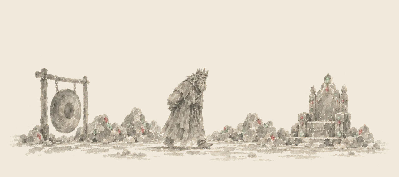 The Nome King walks alone through his jewelled cavern, between a hanging gong at one side and his empty throne at the other.