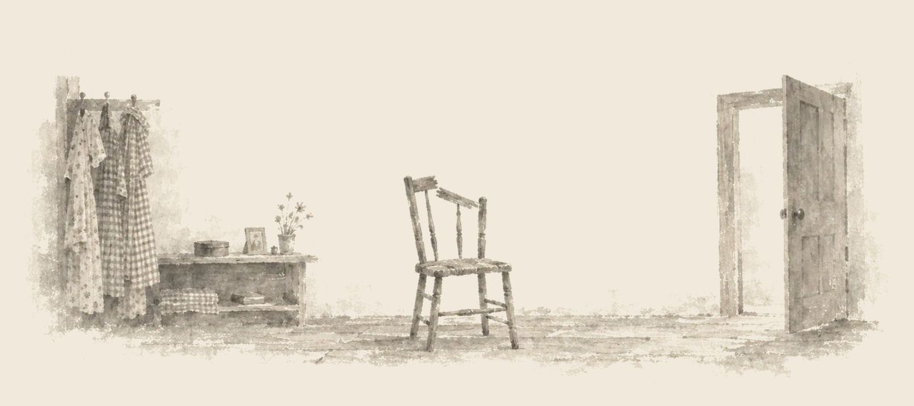 A broken-backed wooden chair stands alone in a bare attic room, with dresses on pegs, a small shelf of trinkets and a door standing open.