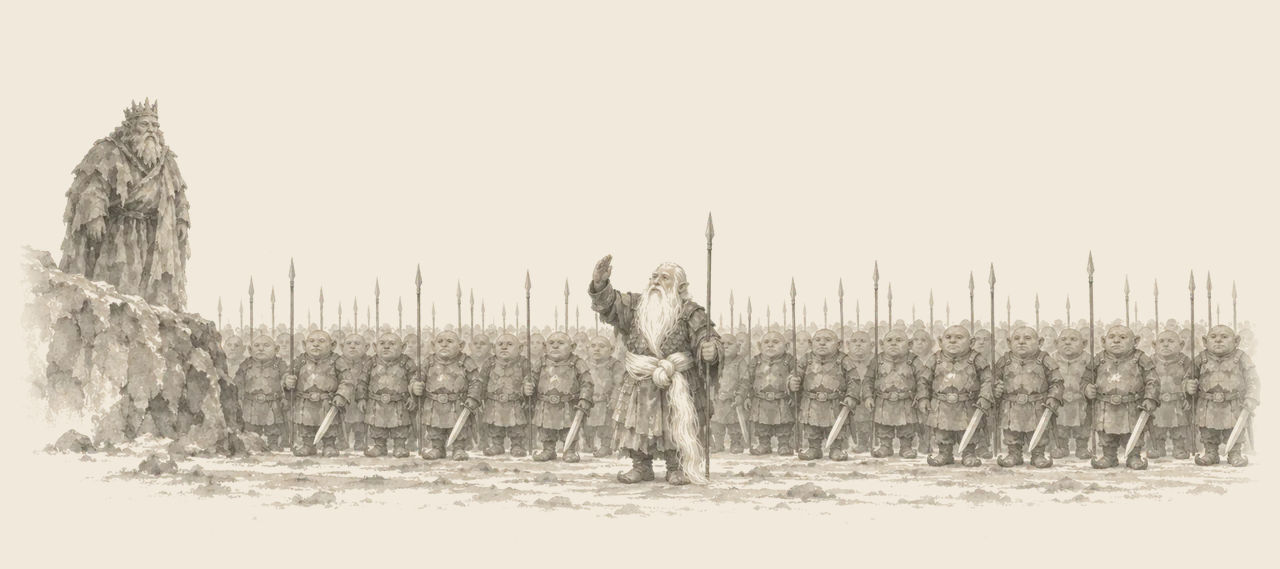The old Nome General salutes before ranks of identical Nome soldiers with swords and pikes, while the Nome King looks on from a rock at the left.