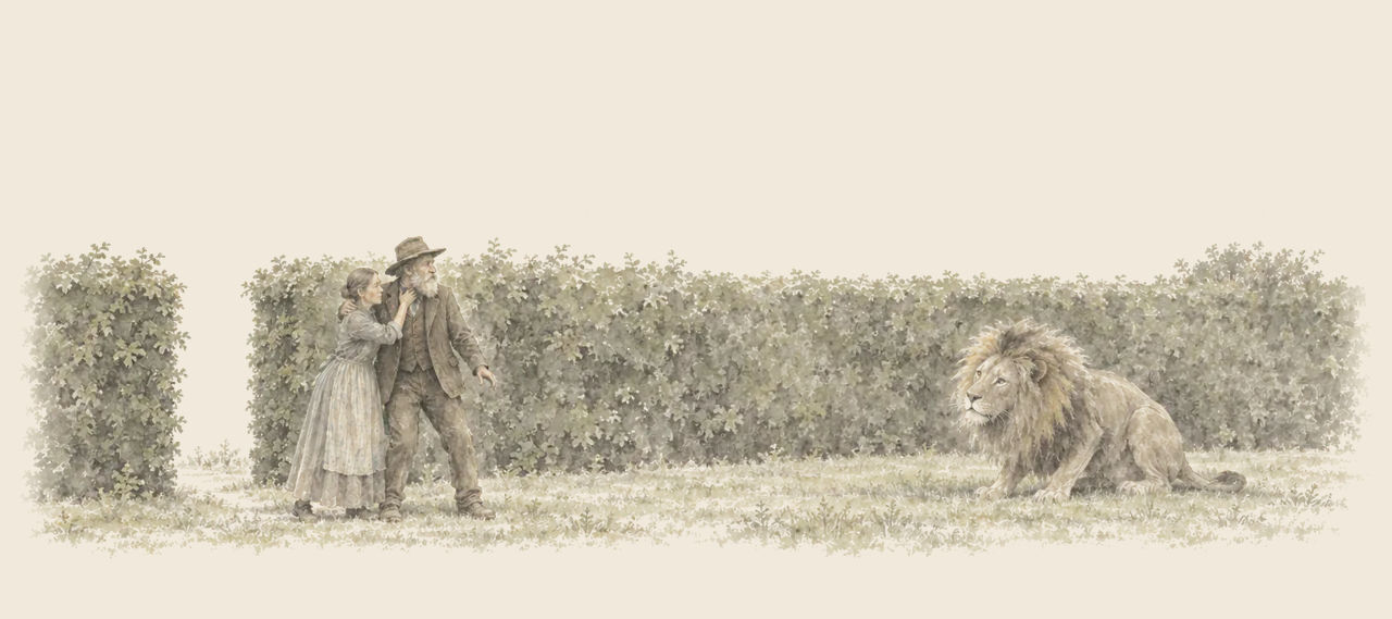 Aunt Em clings to Uncle Henry's neck after coming through a gap in a long hedge, as the Cowardly Lion crouches on the lawn blinking at them.