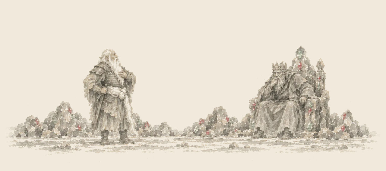 The old Nome General stands proudly before the Nome King, who sits thoughtful and uneasy on his jewelled throne.