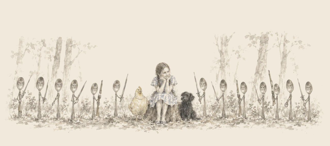 Dorothy sits on a stump with her chin on her hands, with Billina and Toto beside her, between two rows of little spoons carrying swords and muskets.