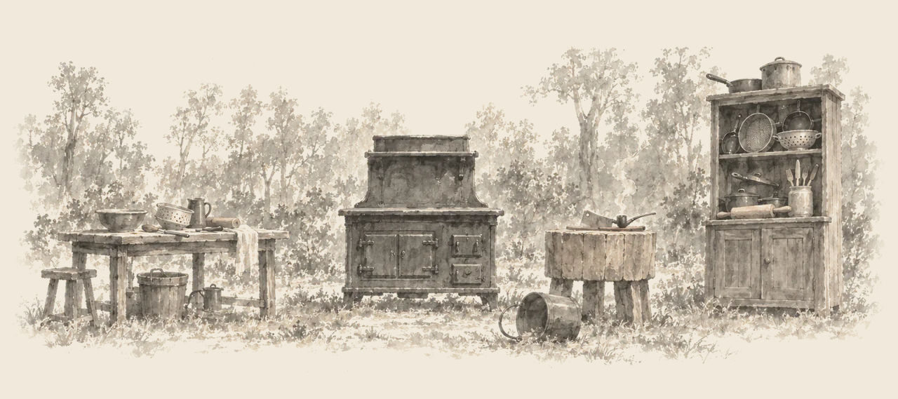 A kitchen range, a butcher block with a cleaver lying on it, a table and a crowded cupboard stand in a forest clearing, with an overturned kettle on the grass.