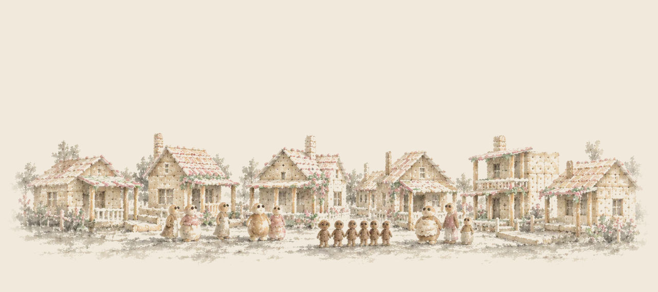 Little cracker houses with bread-stick porches and wafer roofs line a street, with bun-and-bread townspeople and six small brown children standing in front.