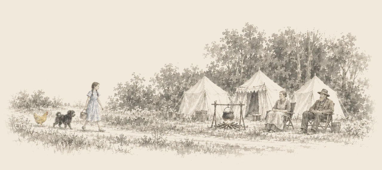 Dorothy walks along a path with Billina and Toto toward three white tents by a forest, where Aunt Em and Uncle Henry sit by a kettle over a small fire.