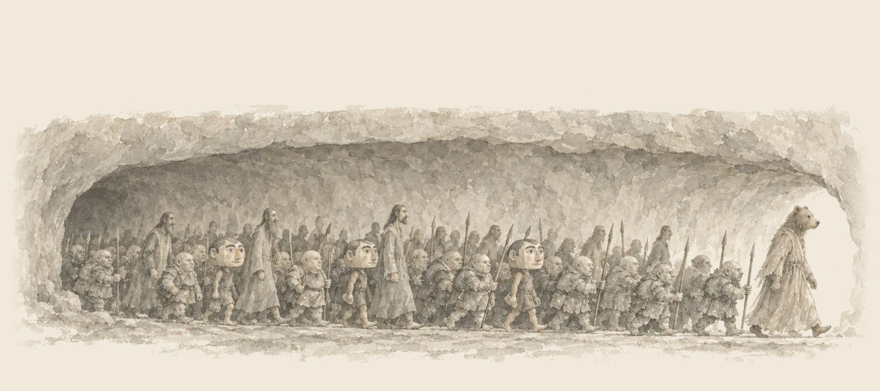 A crowded army of little Nomes with spears, Whimsies in big heads and tall grey Growleywogs marches through a rock tunnel behind a bear-headed leader.