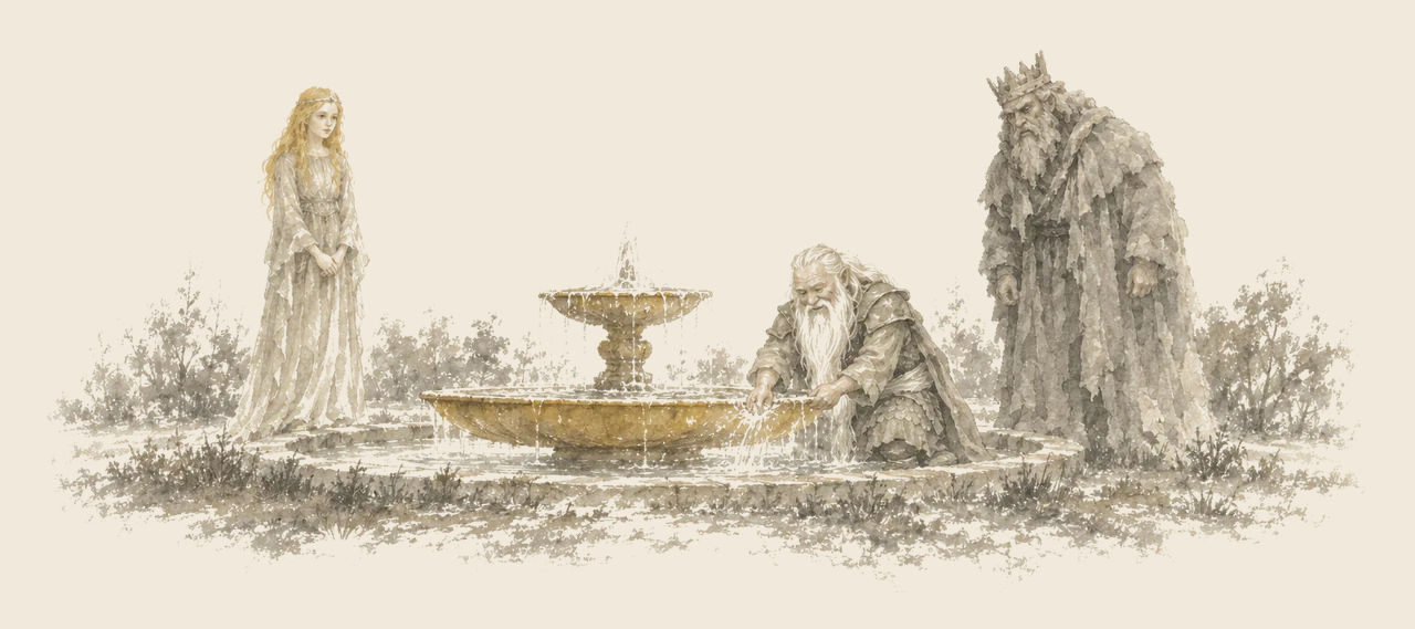 The Nome King glares from beside the rim of a golden fountain where the old Nome General kneels, playing in the water; Ozma stands watching on the far side.
