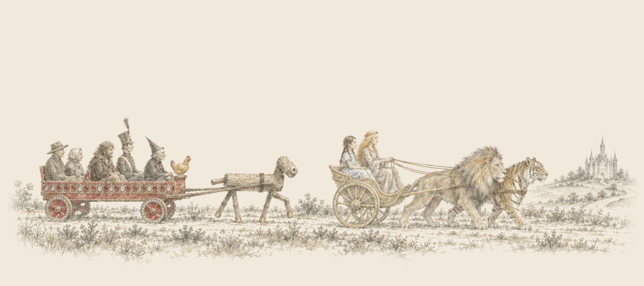 Ozma and Dorothy ride in a light chariot drawn by the Cowardly Lion and the Hungry Tiger, with the Sawhorse and red wagon behind and a castle ahead.