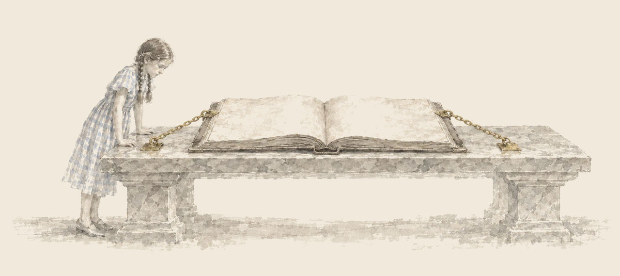 Dorothy leans over a marble table to look at the Great Book of Records, an open book with blank pages held to the table by golden chains.