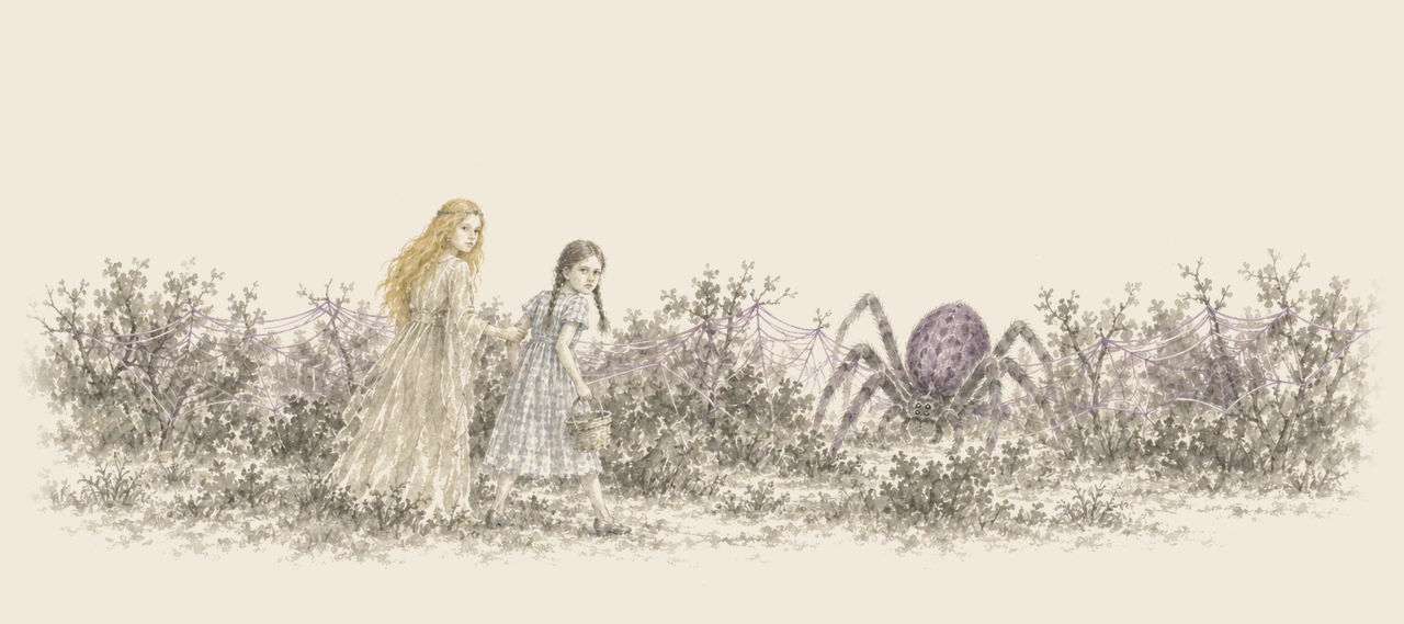 Ozma and Dorothy turn back to look at a huge purple Spider King, standing before a hillside of bushes hung with a wide web of fine threads.