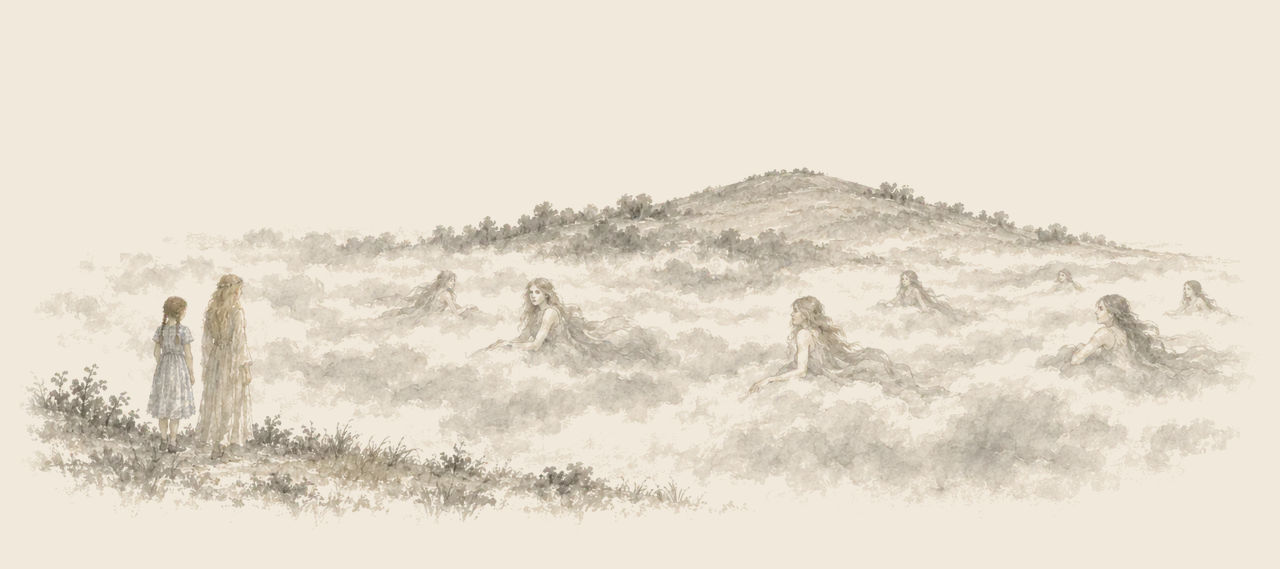 Dorothy and Ozma stand at the edge of a misty valley where the Mist Maids, with long trailing hair, rise out of the billows toward a grassy hill.