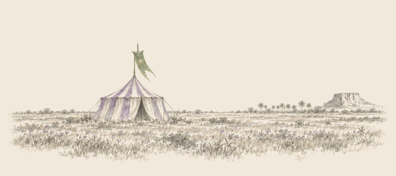 A striped purple and white tent with a green banner stands alone in a flowery plain, with a row of palms and a flat-topped mountain far off.