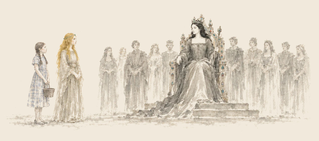 Queen Coo-ee-oh sits crowned on a jeweled throne, looking coldly at Dorothy and Ozma, with her court standing silent behind her.