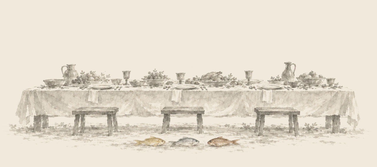 A long banquet table is laid with dishes, goblets and a roast fowl, with three empty stools before it and a gold, a silver and a bronze fish on the ground.