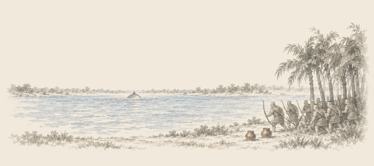 Flathead archers in scaled armour crouch with drawn bows among palms on the shore, two clay pots at their feet; the top of the glass dome shows above the lake.
