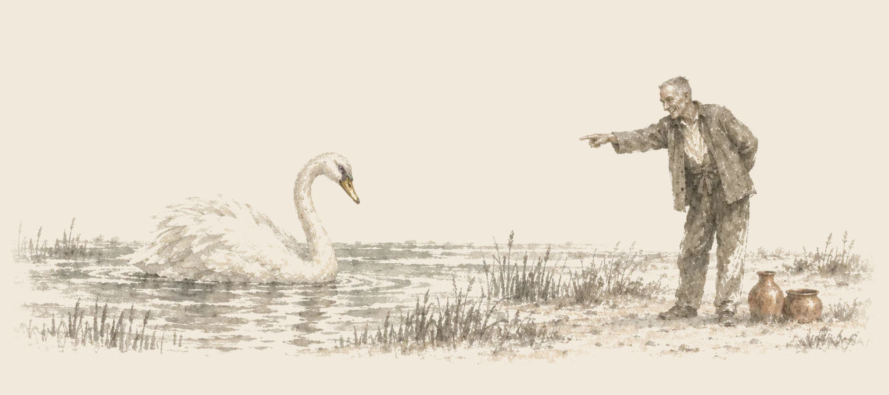 A white swan with a golden bill floats near the shore while Su-dic, a lean old man, laughs and points at it; two copper vessels stand at his feet.
