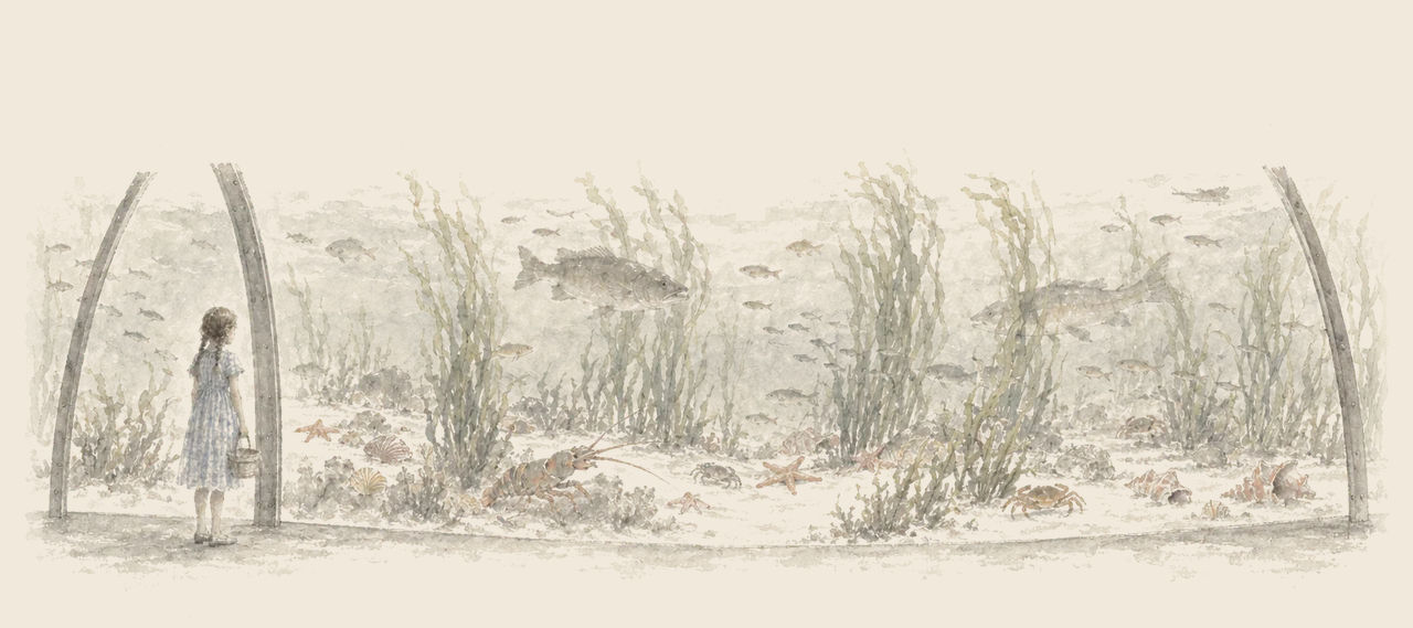 Dorothy, holding a basket, stands inside the glass dome looking out at the lake bottom, with fishes, a lobster, crabs, starfish, shells and tall weeds.