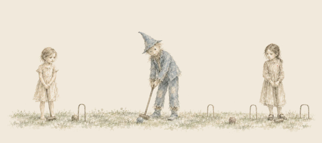 The Scarecrow bends to strike a croquet ball with a mallet while Trot and Betsy, two little girls, wait their turns on the lawn.