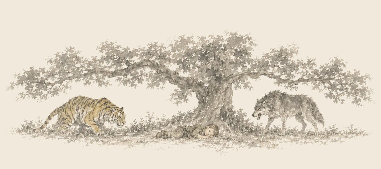 Button Bright lies fast asleep under a wide-spreading tree, with a tiger creeping up on one side and a snarling gray wolf on the other.