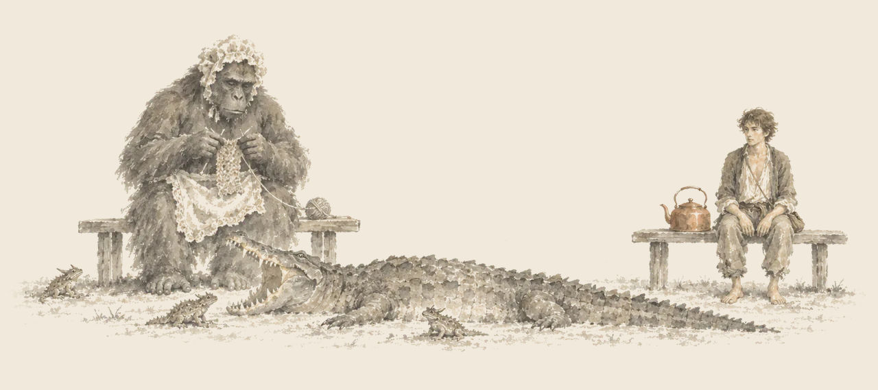 A gray ape in a lace cap knits on a bench beside a crocodile with open jaws, while Ervic sits still on another bench by a copper kettle.