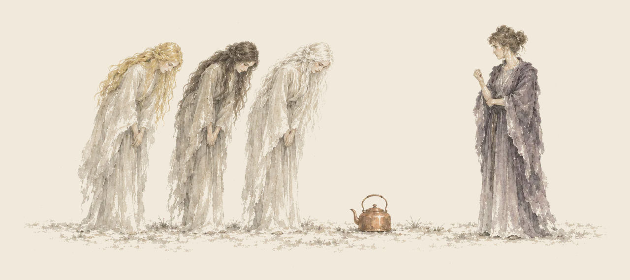 Three tall young women, with golden, brown and white hair, bow low before an empty copper kettle as a woman in a dark robe looks on, her hand raised.