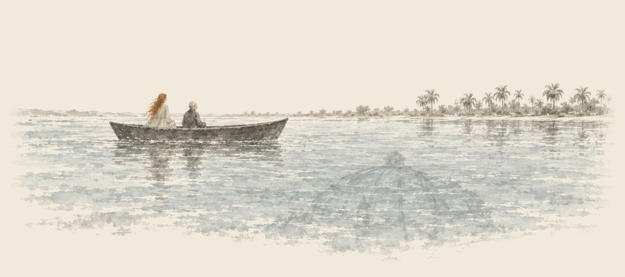 Glinda and the Wizard sit in a boat without oars or sail on a wide lake, with palms along the far shore and the sunken glass dome faintly under the water.