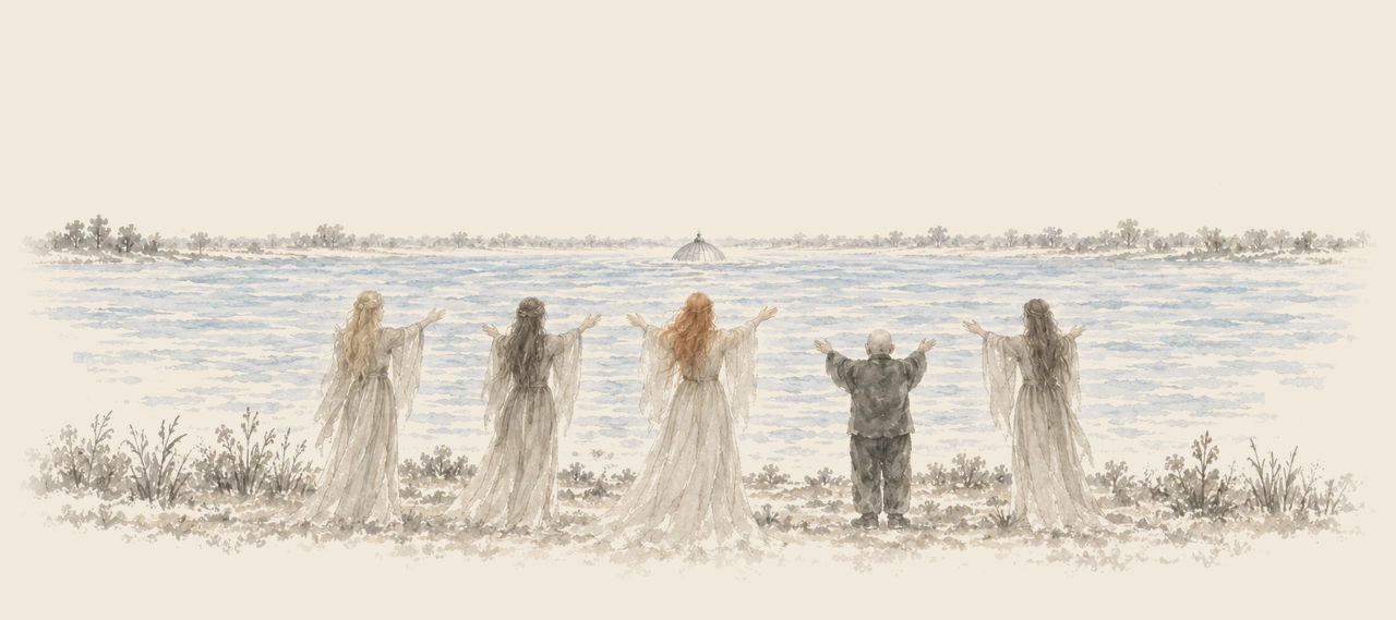 Glinda, the Wizard and three tall young women stand in a row at the water's edge with arms stretched out over the lake, where the dome shows far off.