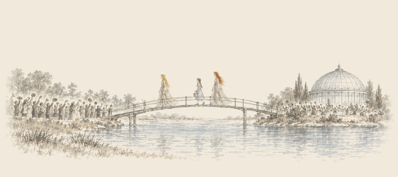 Ozma, Dorothy and Glinda cross an arched bridge from the glass-domed island toward a crowd on the shore waving their hats.