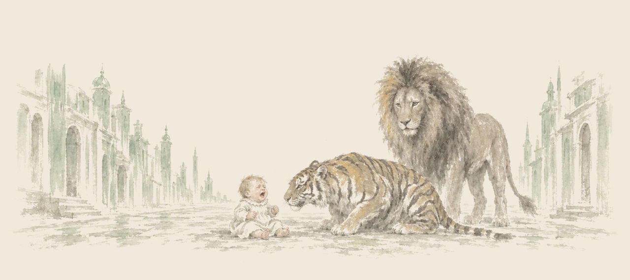 A crying baby sits in an empty street of the Emerald City, while the Hungry Tiger crouches close to it and the Cowardly Lion stands behind him.