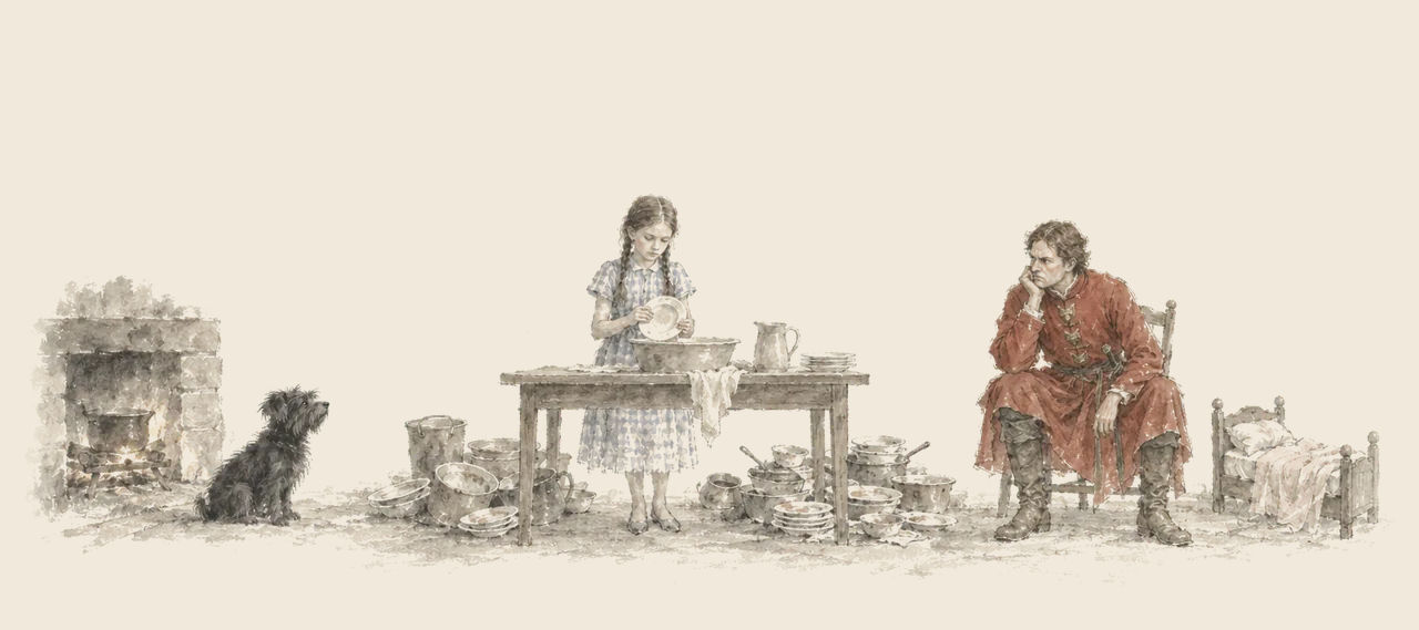 Dorothy washes a plate at a table among heaps of dirty dishes, while Toto sits by the hearth and her frowning captor, Crinklink, sits watching.