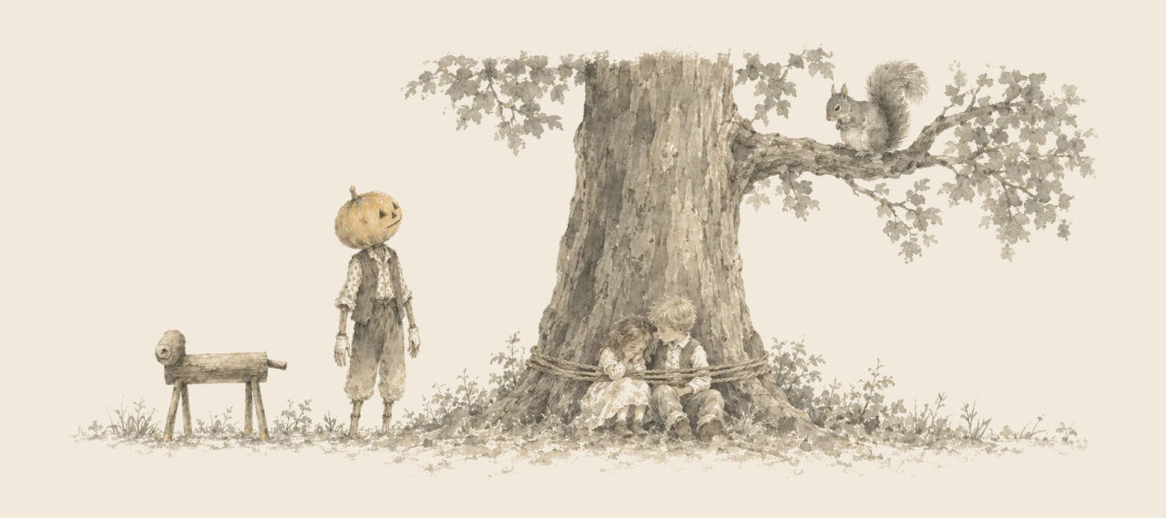 Jack Pumpkinhead and the Sawhorse stand before a great tree where a little girl and boy are tied to the trunk, with King Squirrel on a branch above.