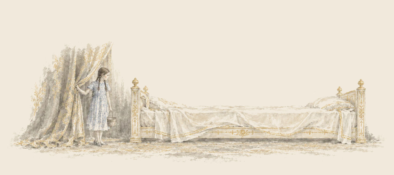 Dorothy, carrying a small basket, holds back a gold-embroidered curtain and looks at a long ivory-and-gold bed with its covers smooth and empty.