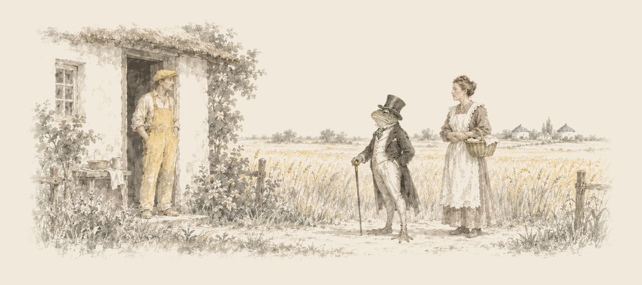 A Winkie farmer stands in his doorway beside a field of grain, looking out at the Frogman and Cayke the Cookie Cook, who carries a basket.