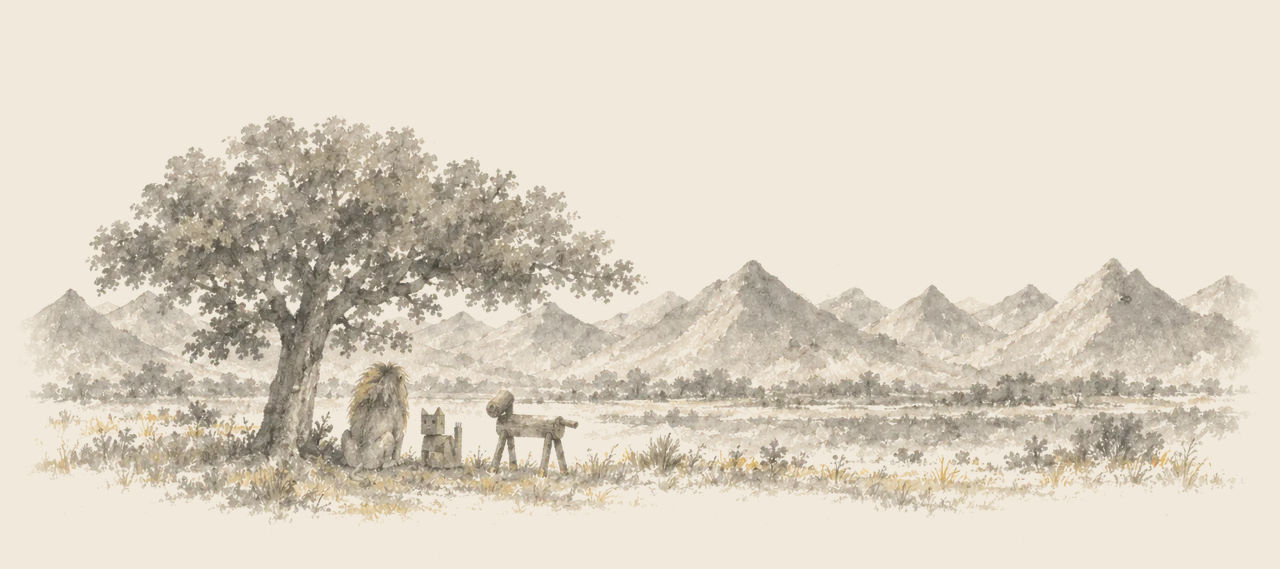 The Cowardly Lion and the Woozy rest under a broad tree and the Sawhorse stands beside them, before a long row of cone-shaped mountains.