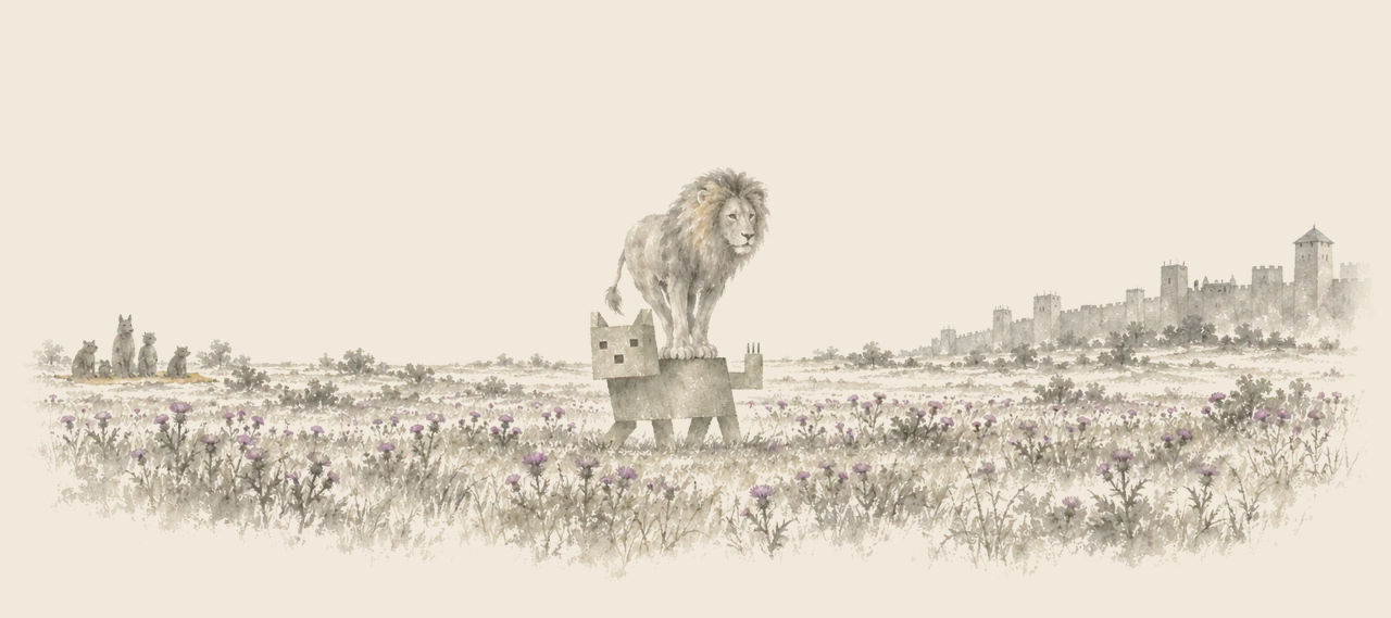 The Woozy carries the Cowardly Lion balanced on his back across a thistle-filled plain toward a distant walled city, as the others watch from far off.