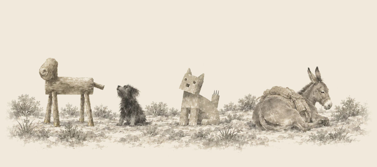 The Sawhorse, Toto, the Woozy and Hank the mule rest on stony ground at nightfall, the mule lying with his back turned to the Woozy.