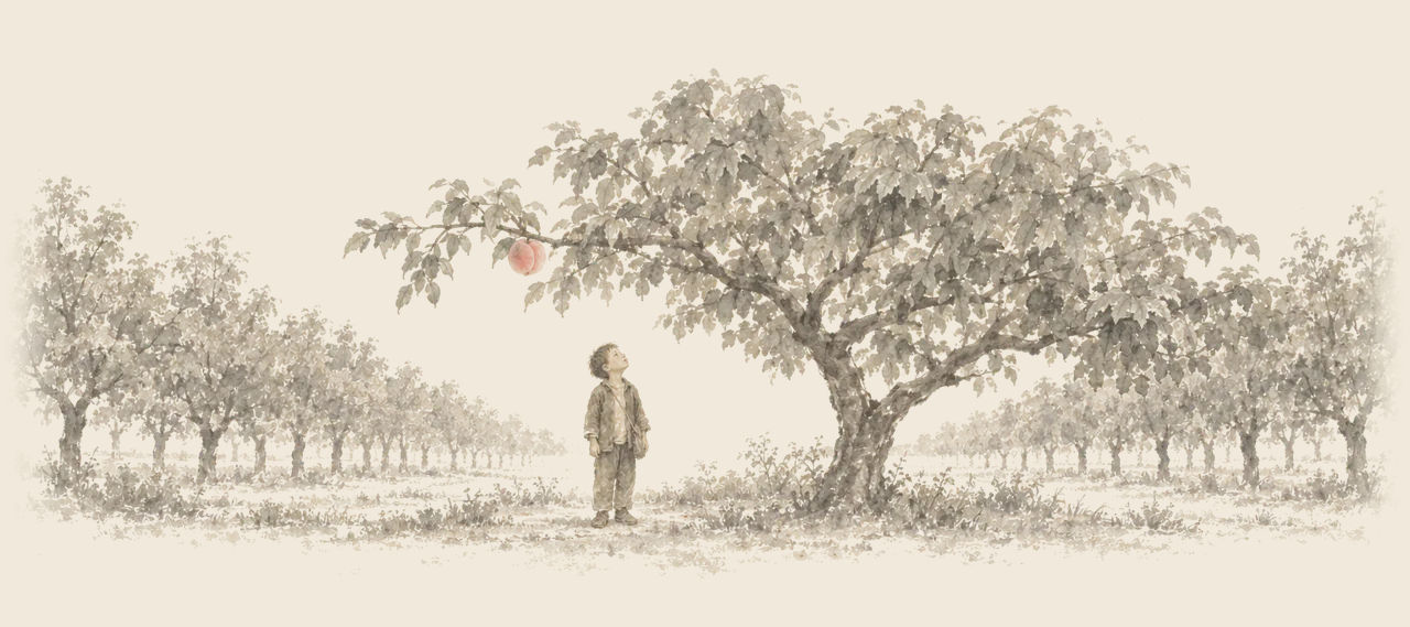 Button-Bright stands among rows of nut trees, his head tipped back, looking up at one large peach hanging from a lone peach tree.